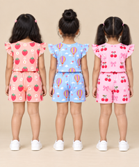 Girls All Over Printed | Flutter Sleeve Tshirt and Shorts Co-ord Set | Age 0 to 3 Years (Pack of 3 Sets)