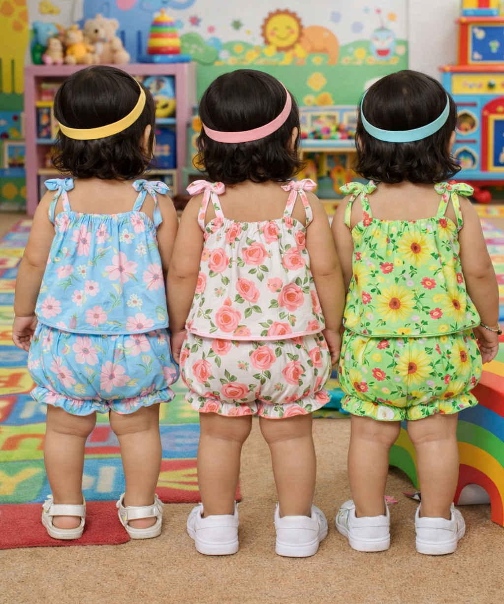 Boy & Girl Baby Printed Top Knot Dress | Top and Shorts Set | 100% Pure Cotton (Pack of 3 Sets Combo)