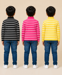 Kids Boys Full Sleeve Hi-Neck Stripes Rib T-shirt | Age 9 to 24 Months | Pack of 3 Pieces