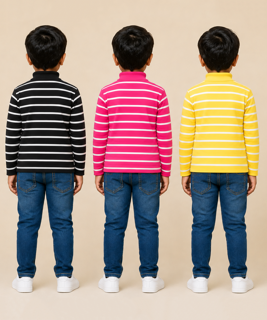 Kids Boys Full Sleeve Hi-Neck Stripes Rib T-shirt | Age 9 to 24 Months | Pack of 3 Pieces