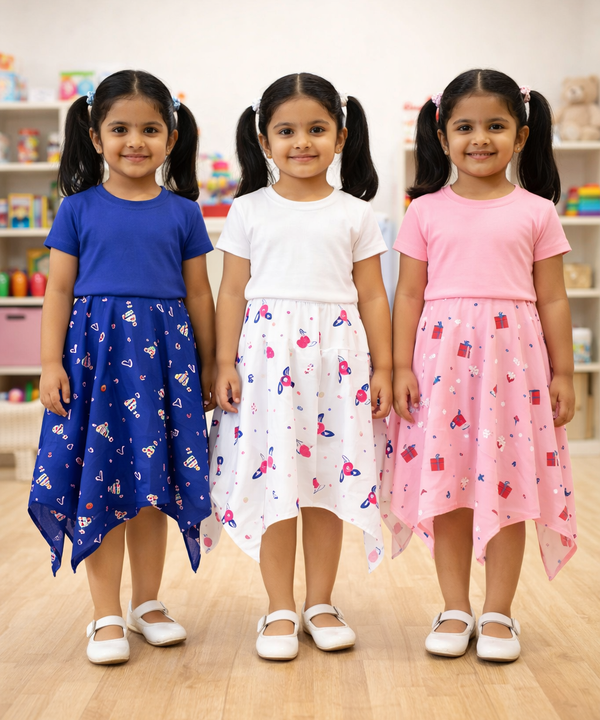 Cotton Fish Midi Floral Printed Skirt | Casual wear for Girl Kids Age 2 To 9 Years (Pack of 3)