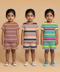 Girls Cotton Stripes Kids Co-ord Set Combo / Age 1-4 Years | T-shirt & Shorts (Combo Set Pack of 3)