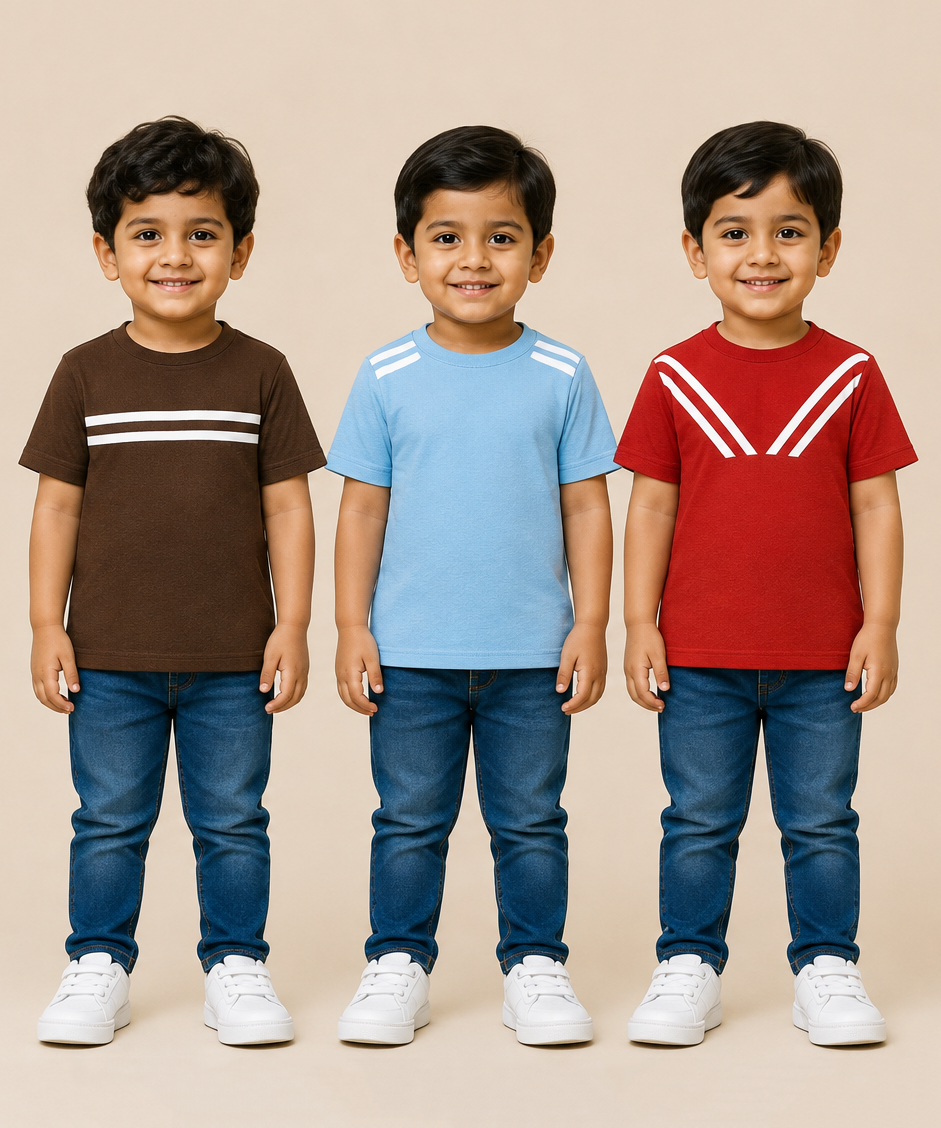 Kids Boys Popcorn Stripes Half Sleeve T-Shirt | Age 3 to 6 Years (Pack of 3 Pieces)
