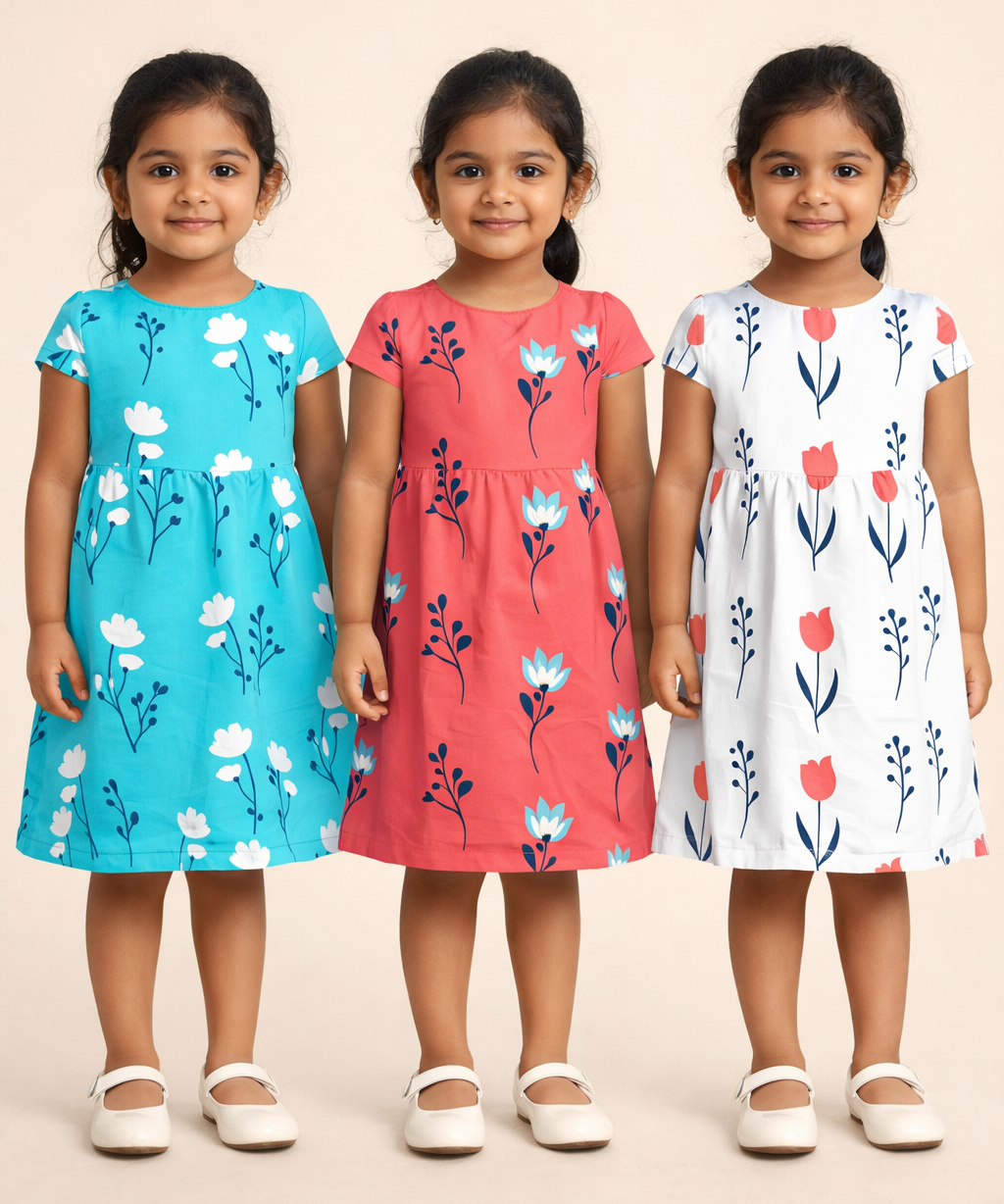 Girl Kids Frock 100% Cotton Floral Printed Gown Dress/Frock Dress | Age 1 to 8 Years (Pack of 3 Pieces)