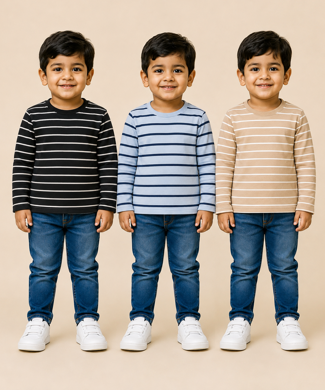 Kids Boys Cotton Stripes Full Sleeve T-shirt | Age 0-3 Years (Pack of 3)