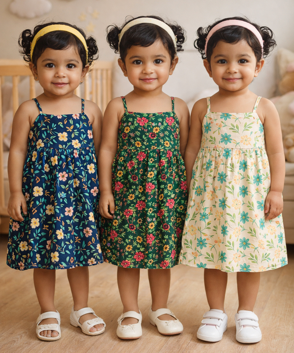 Girl Baby Sleeveless Cotton Frock Printed with Underwear | Age 0 to 6 Months (Pack of 3 Pieces)