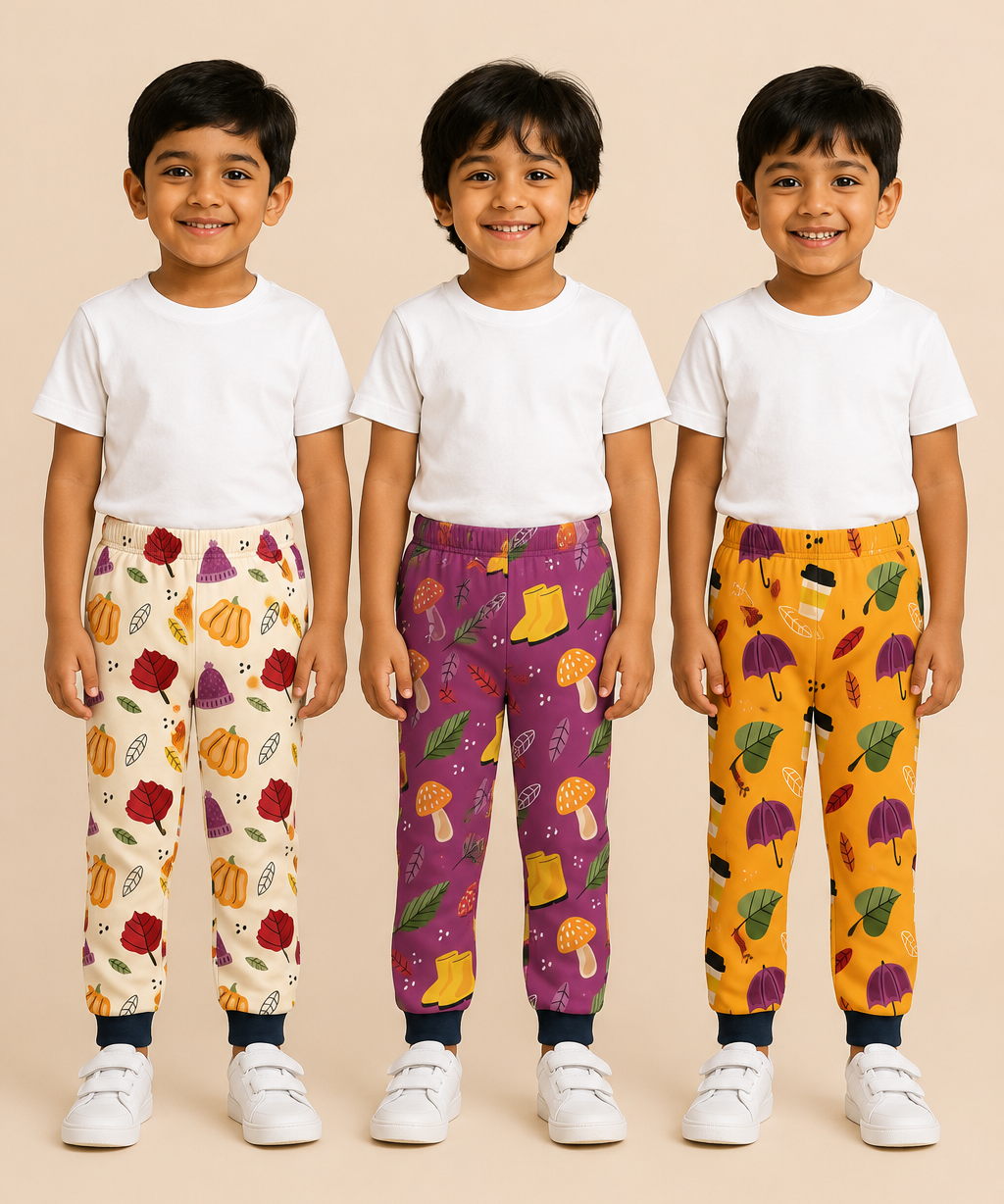 Kids Printed Cotton Track Pants for Boys | Soft Elastic Waist Full Length Joggers | Age 6 Months-5 Years | Pack of 3 Pieces