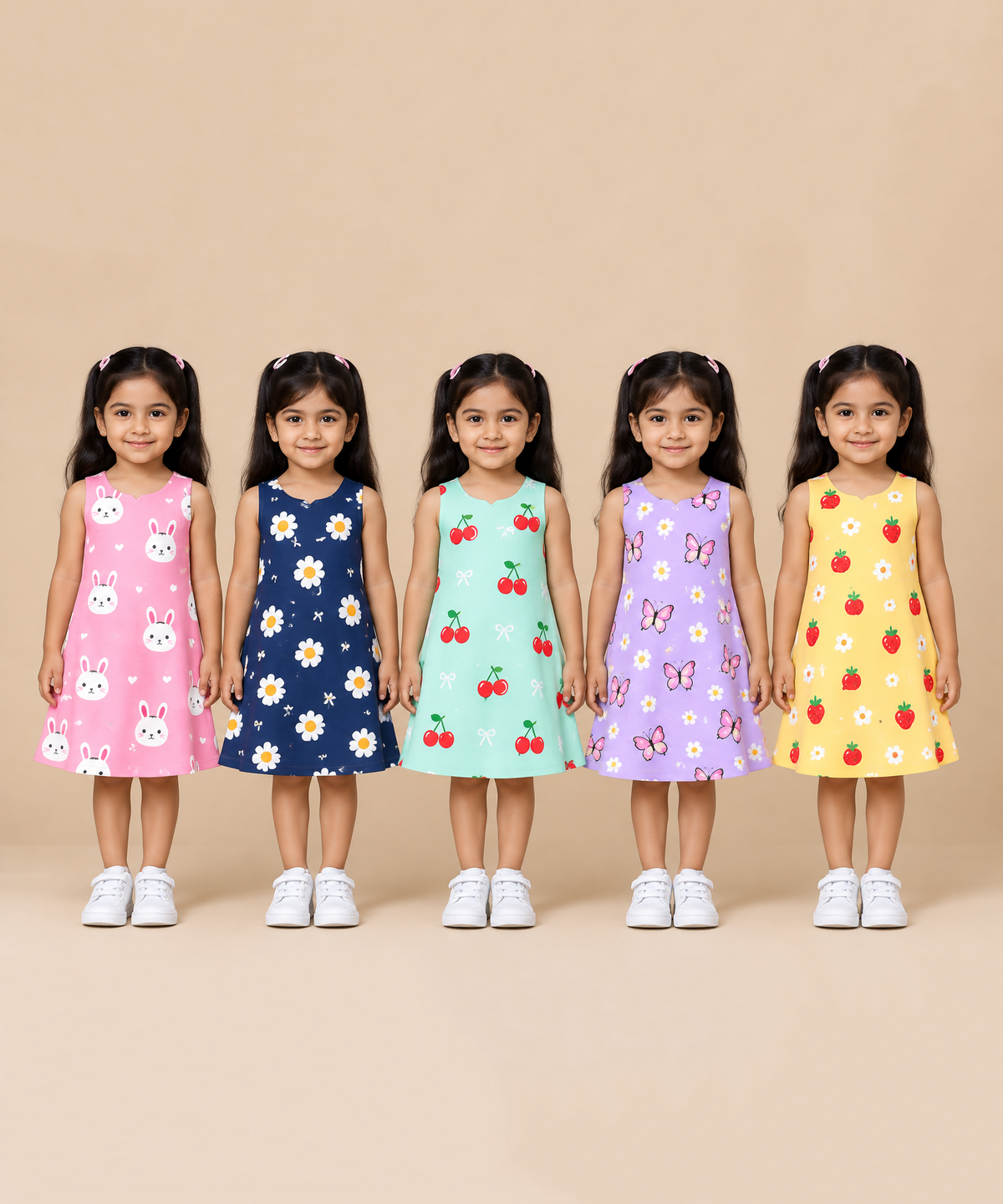 Girls 100% Cotton All Over Printed 2 To 5 Years Gown Dress/Frock Dress (Pack of 5)