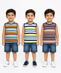 Cotton Stripes Kids Sleeveless Tshirt (Pack of 3)