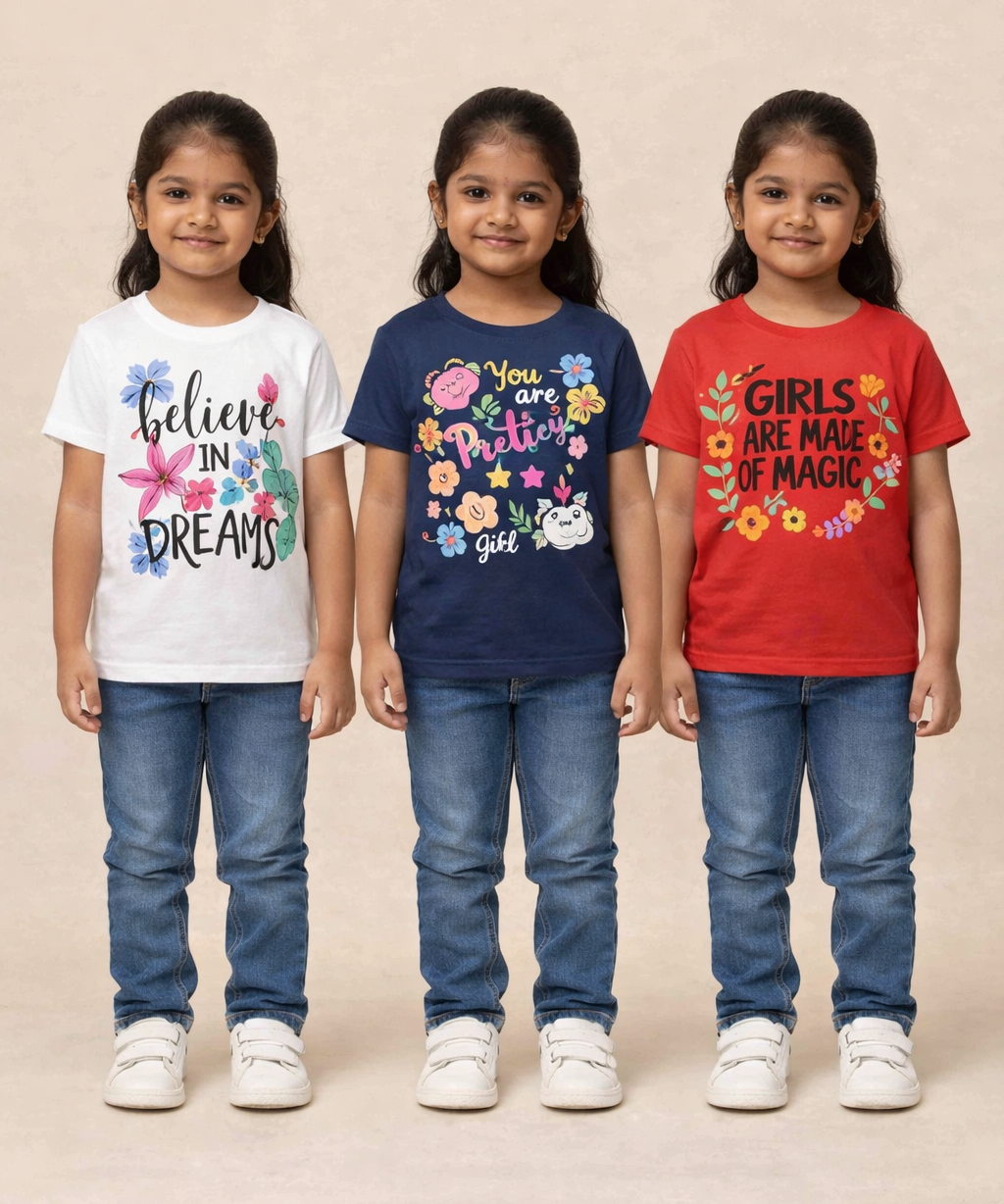 Kids 100% Cotton Fine Tshirt With Printed Multi Colour | Age 1 to 6 Years (Pack of 3 Pieces)