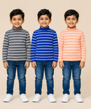 Kids Boys Full Sleeve Hi-Neck Stripes Rib T-shirt | Age 9 to 24 Months | Pack of 3 Pieces