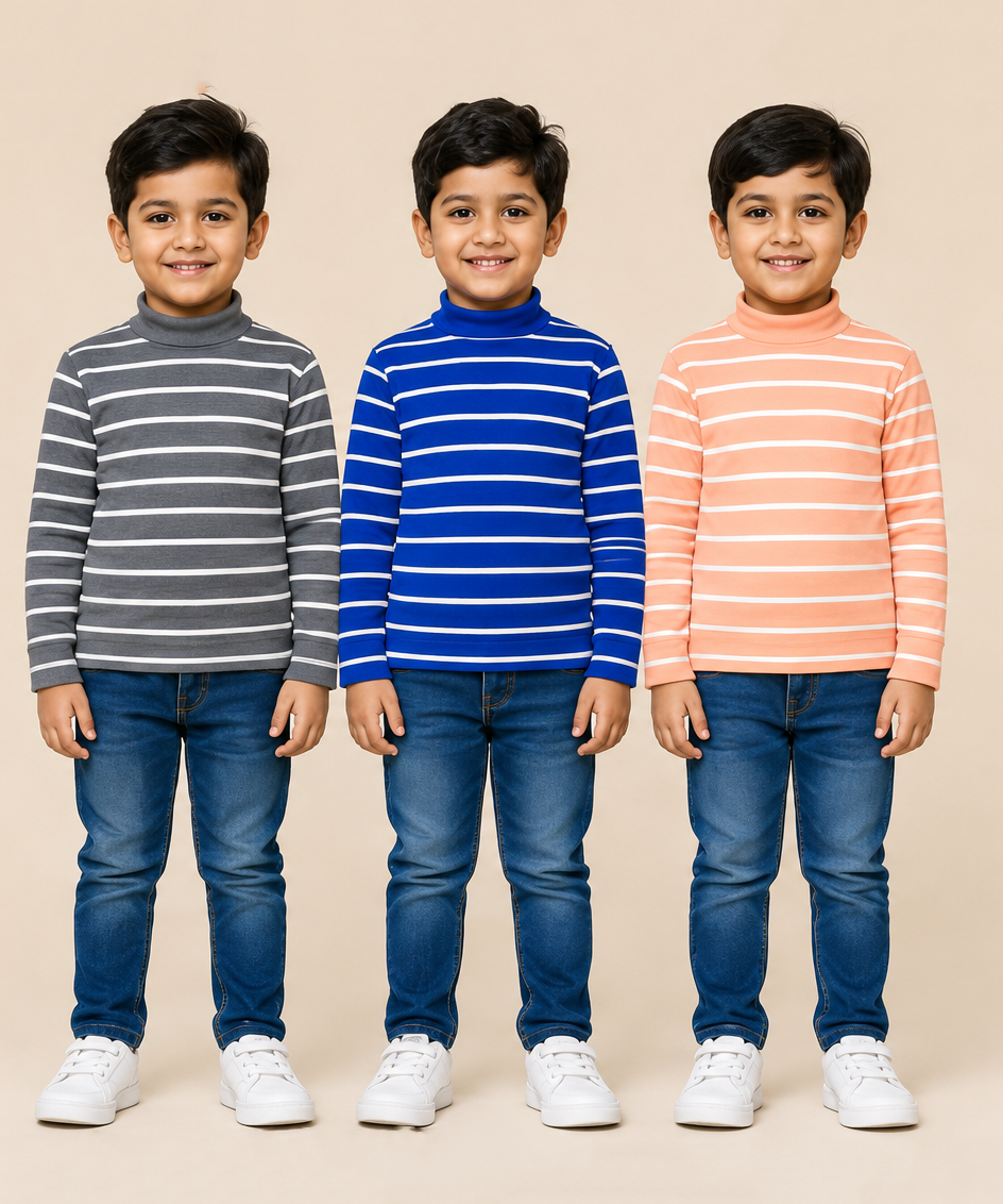 Kids Boys Full Sleeve Hi-Neck Stripes Rib T-shirt | Age 9 to 24 Months | Pack of 3 Pieces