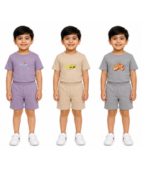 Kids Cartoon Print T-Shirt & Shorts Co-Ord Set for Boys | Age 6 Months-3 Years | Pack Of 3 Set Combo