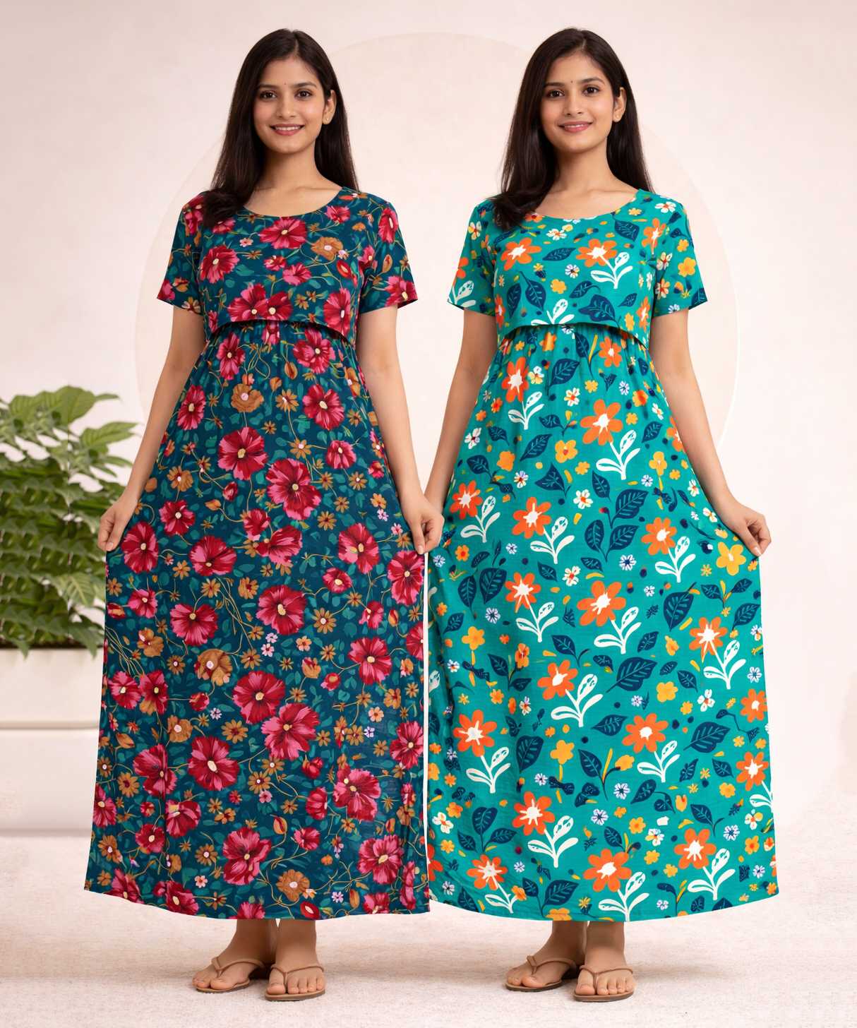 Maternity Feeding Maxi Dress | Nursing Friendly Nighty Style (Pack of 2 Pieces)