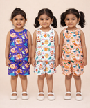 Girls Cotton Cartoon Printed Kids Sleeveless Set Combo | Age 0 to 3 Years | Sleeveless T-shirt & Shorts Co-ord Set (Pack of 3 Sets)