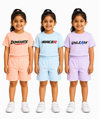Kids Typography Print T-Shirt & Shorts Co-Ord Set for Girls | Age 6 Months-3 Years | Pack Of 3 Set Combo