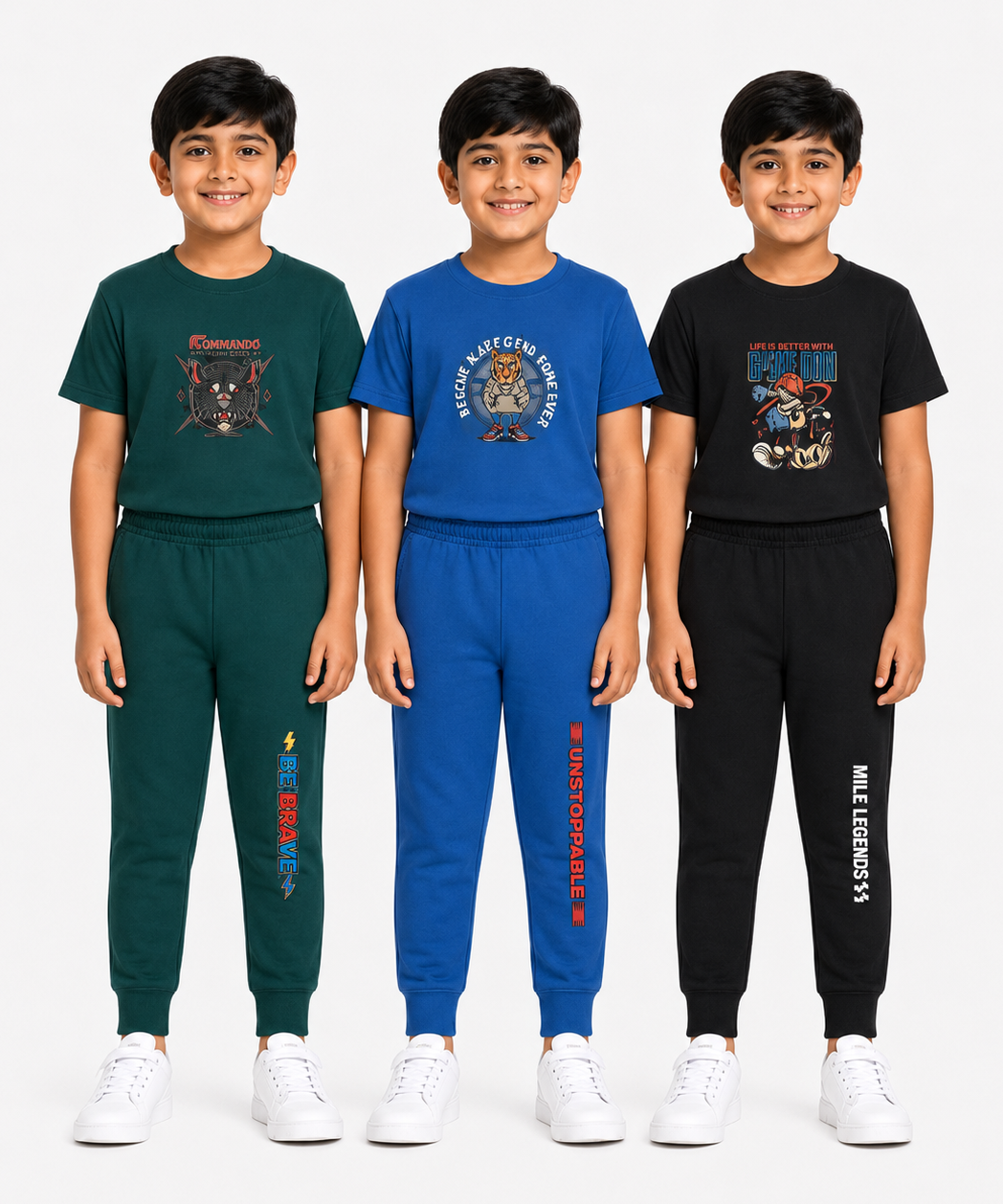 Boys Graphic Printed T-Shirt & Typography Track Pant Co-Ord Set | Age 2-5 Years | Pack Of 3 Set