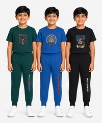 Boys Graphic Printed T-Shirt & Typography Track Pant Co-Ord Set | Age 2-5 Years | Pack Of 3 Set