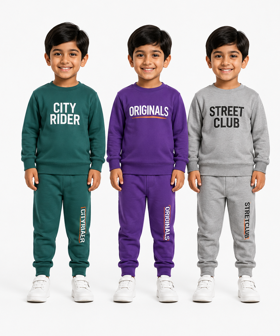 Boys Full Sleeve Cotton Winter Co-Ord Set | Typography Chest Printed Sweatshirt & Jogger Track Pant | Age 1 to 4 Years (Pack of 3 Sets)