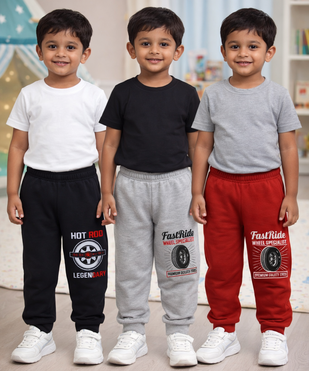Cotton Track Pant with Bottom Cuff | Random Cartoon Printed | Age 0 to 5 Years (Pack of 3 Pieces)