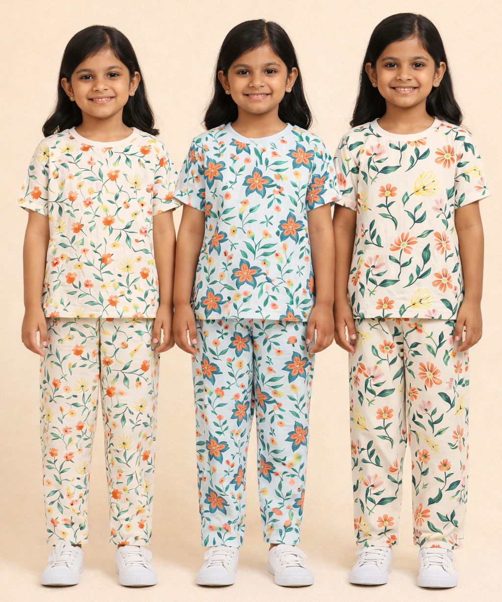 Girl Kids All Over Printed Co-ord Set | Tshirt and Pant | Age 2 to 10 Years (Pack of 3 Sets)