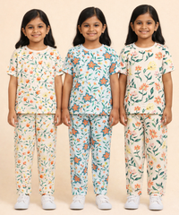 Girl Kids All Over Printed Co-ord Set | Tshirt and Pant | Age 2 to 10 Years (Pack of 3 Sets)