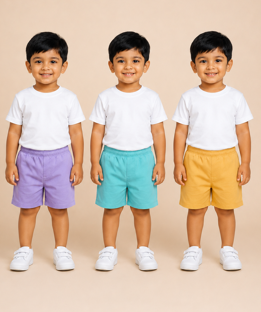 Pure Cotton Plain Shorts for Boys Kid with Elastic Age 3 Months to 4 Years (Pack of 3)