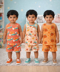 Boys Cotton Cartoon Printed Kids Sleeveless Set Combo | Age 0 to 3 Years | T-shirt & Shorts (Combo Set Pack of 3)