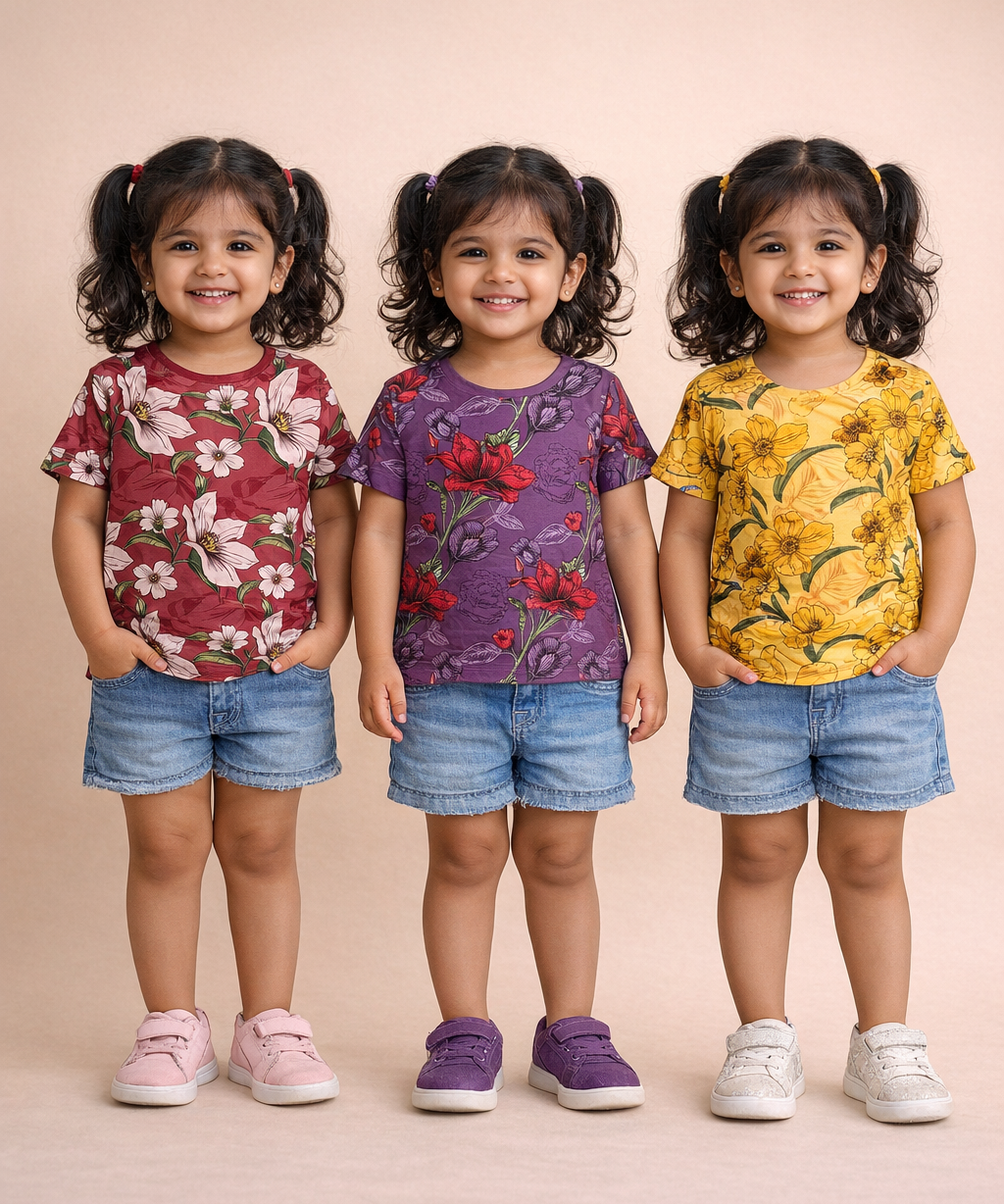Kids Girls Cotton Printed T-shirt | 0 to 3 Years (Pack Of 3 Pieces)