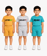 Kids Typography Print T-Shirt & Shorts Co-Ord Set for Boys | Age 6 Months-3 Years | Pack Of 3 Set Combo