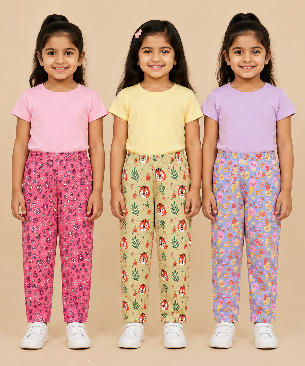 Pure Cotton Girls Printed Track Pant for Casual Night wear for Kids | Age 0 To 8 Years (Pack of 3)