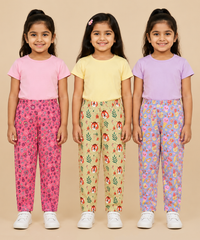 Pure Cotton Girls Printed Track Pant for Casual Night wear for Kids | Age 0 To 8 Years (Pack of 3)