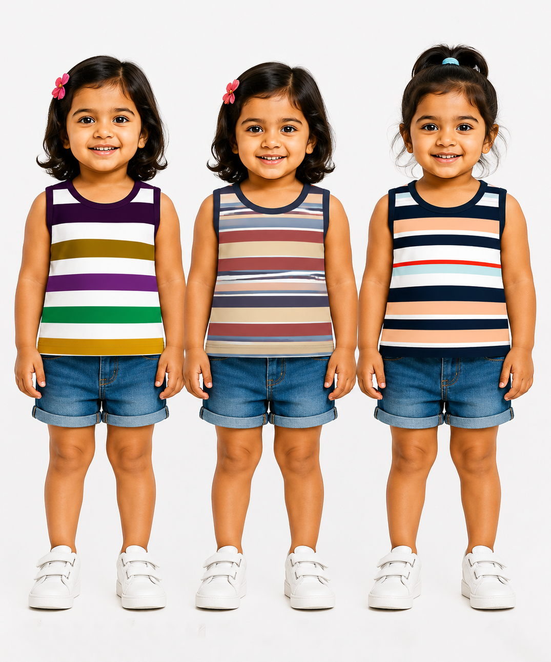 Cotton Stripes Girls Kids Sleeveless Tshirt (Pack of 3)
