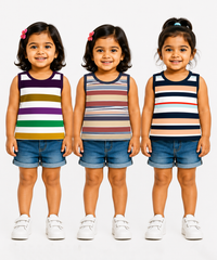 Cotton Stripes Girls Kids Sleeveless Tshirt (Pack of 3)