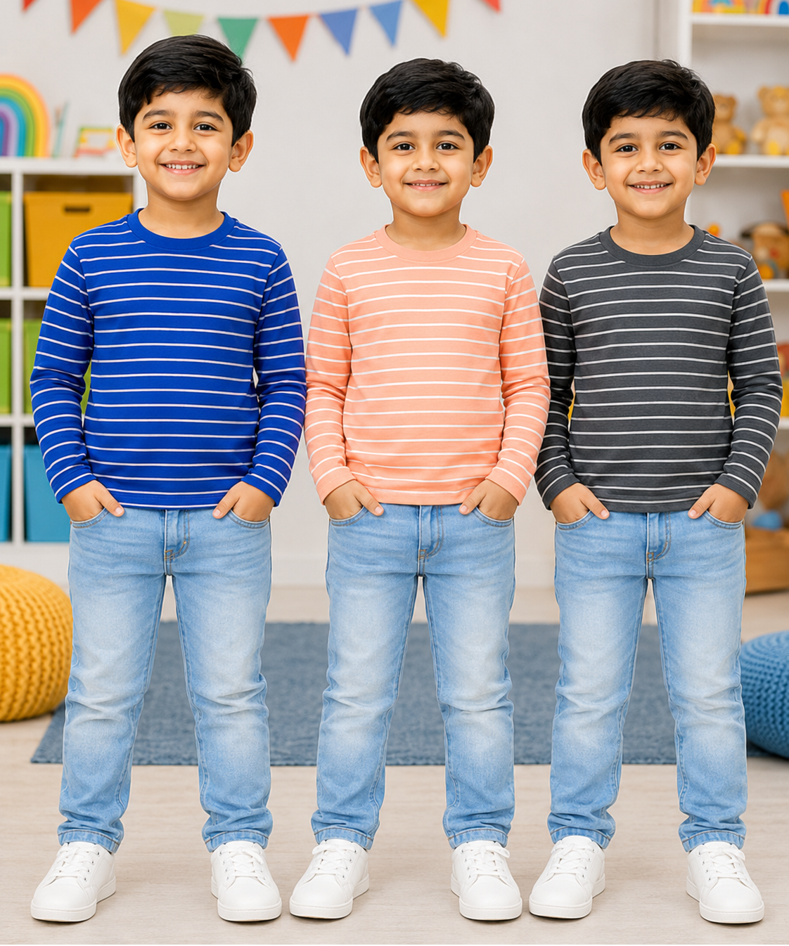Kids Stripes Full Sleeve Cotton Tshirt | Age 0 to 3 Years (Pack of 3 Pieces)