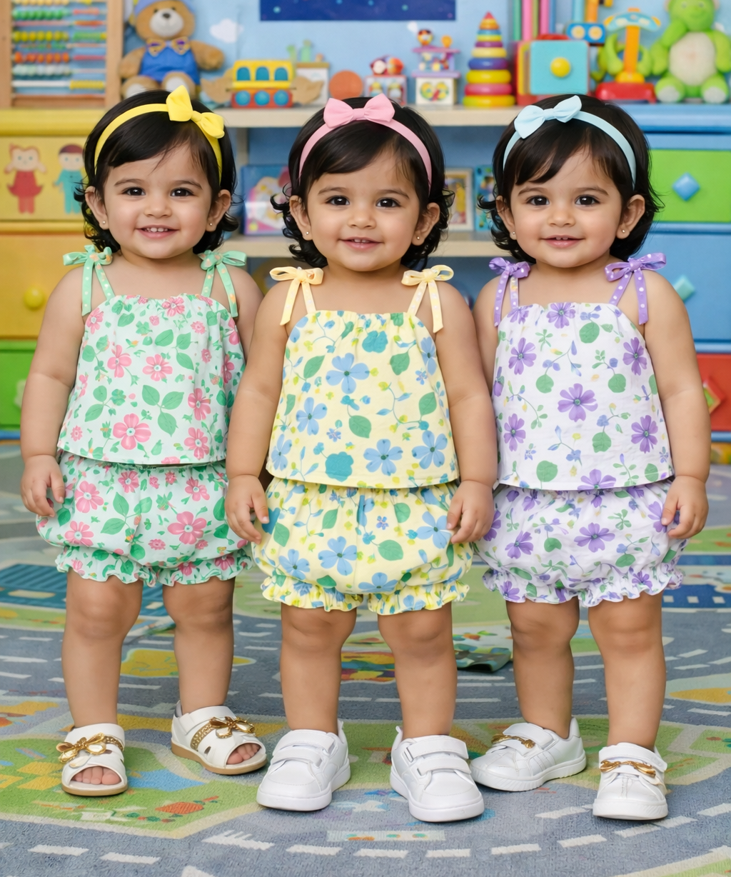 Boy & Girl Baby Printed Top Knot Dress | Top and Shorts Set | 100% Pure Cotton (Pack of 3 Sets Combo)