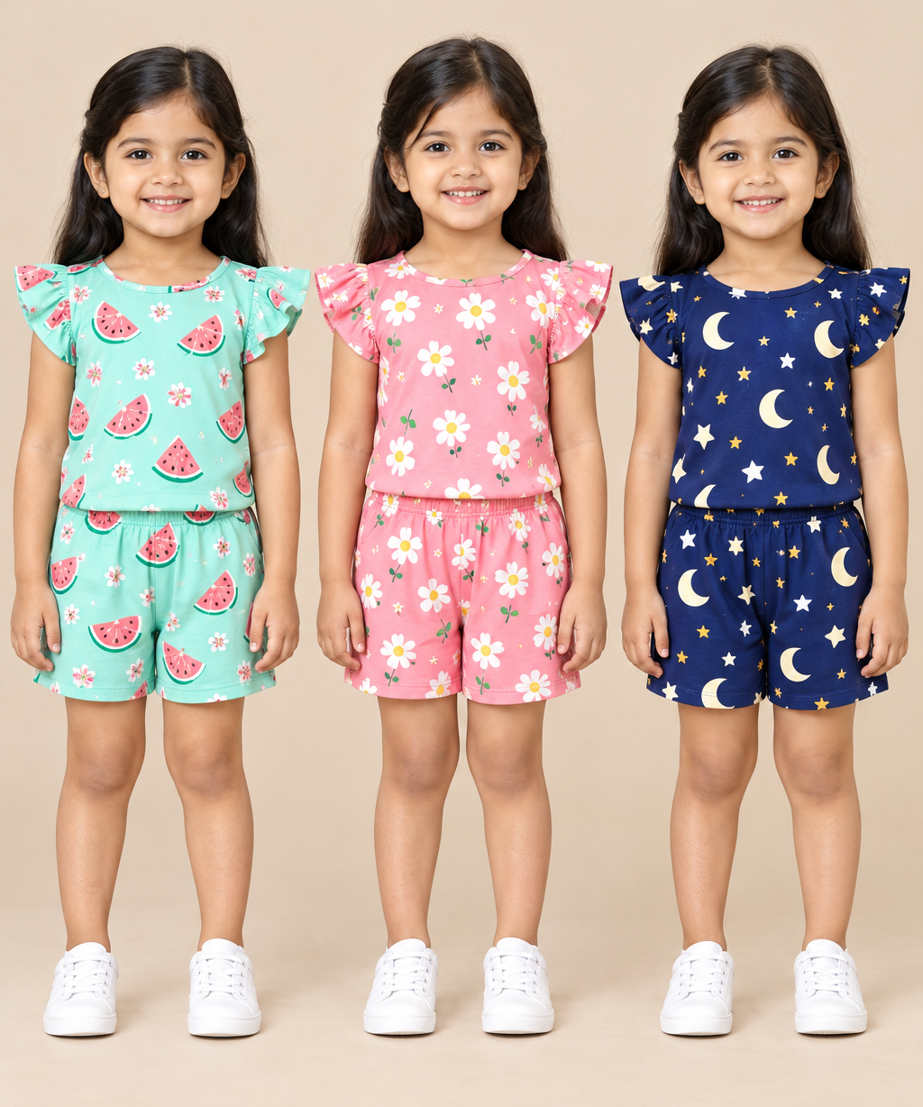 Girls All Over Printed | Flutter Sleeve Tshirt and Shorts Co-ord Set | Age 0 to 3 Years (Pack of 3 Sets)