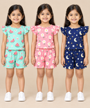 Girls All Over Printed | Flutter Sleeve Tshirt and Shorts Co-ord Set | Age 0 to 3 Years (Pack of 3 Sets)