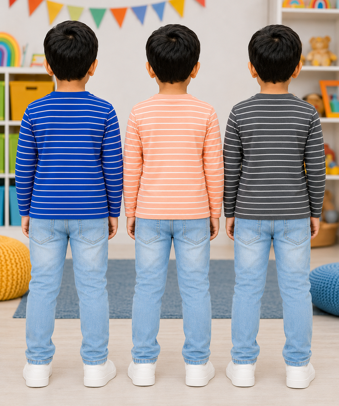 Kids Stripes Full Sleeve Cotton Tshirt | Age 0 to 3 Years (Pack of 3 Pieces)