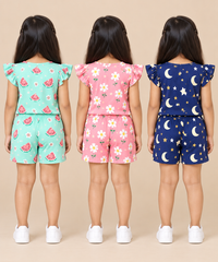 Girls All Over Printed | Flutter Sleeve Tshirt and Shorts Co-ord Set | Age 0 to 3 Years (Pack of 3 Sets)