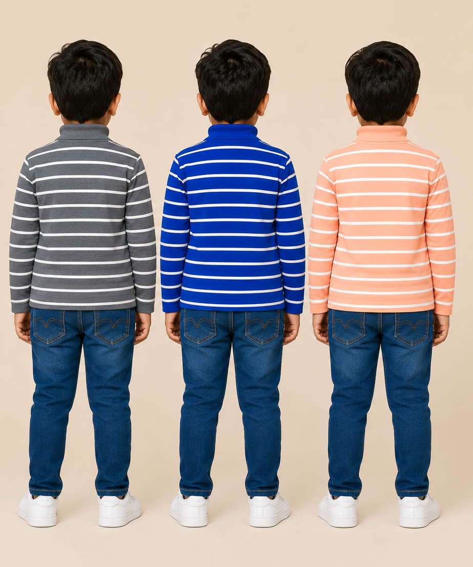 Kids Boys Full Sleeve Hi-Neck Stripes Rib T-shirt | Age 9 to 24 Months | Pack of 3 Pieces