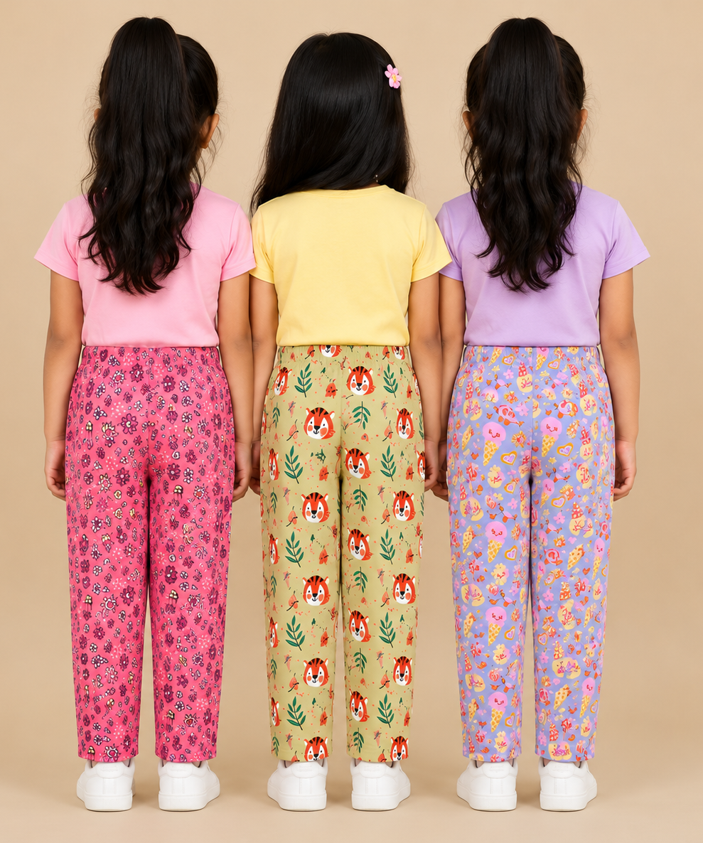 Pure Cotton Girls Printed Track Pant for Casual Night wear for Kids | Age 0 To 8 Years (Pack of 3)
