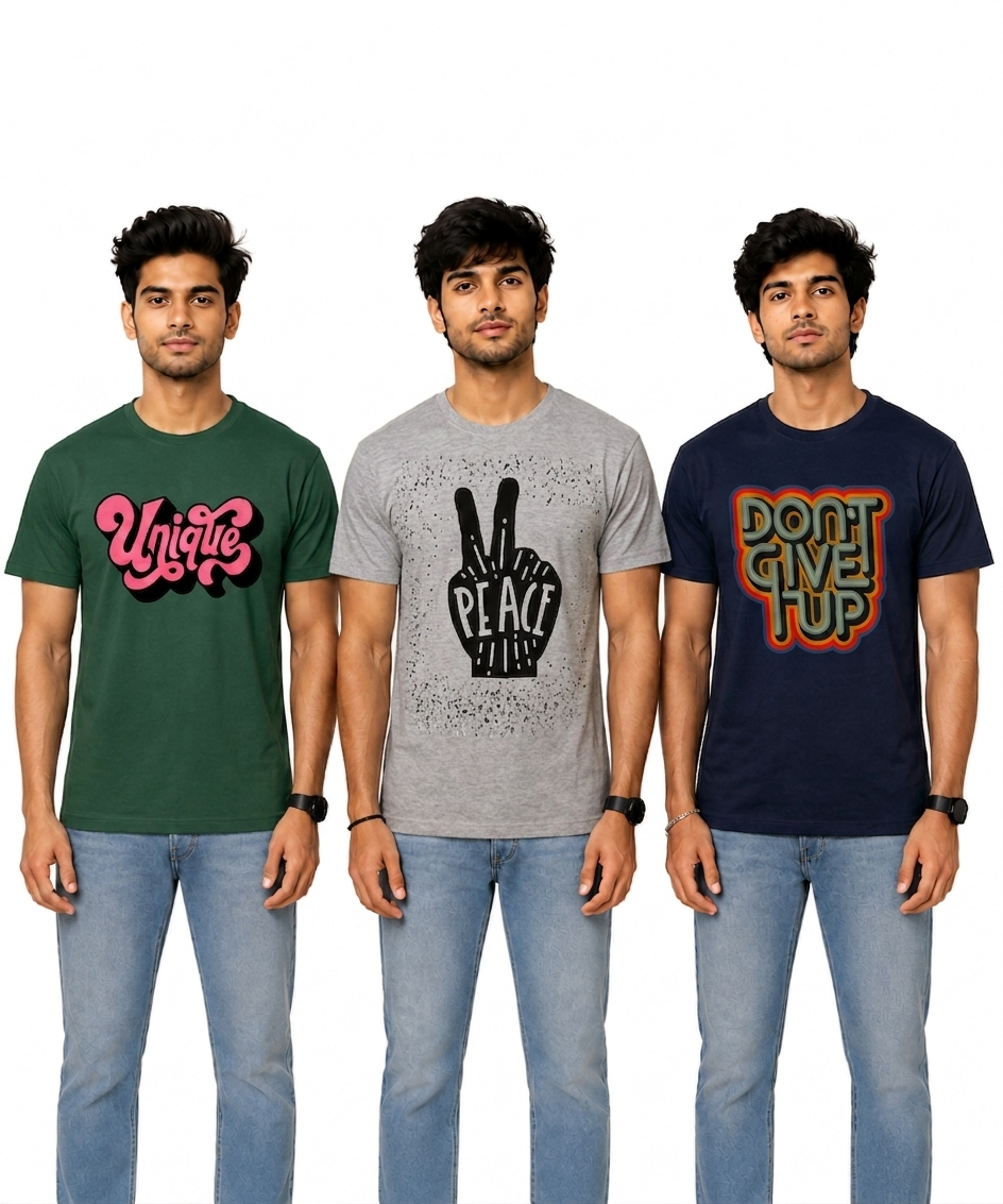 Men's Half Sleeve Printed Round Neck T-Shirt Combo (Pack of 3)