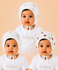 Baby Muslin Cotton Printed Bonnet Cap with Chin Tie – Soft & Comfortable Infant Headwear | 0–12 Months (Pack of 3)