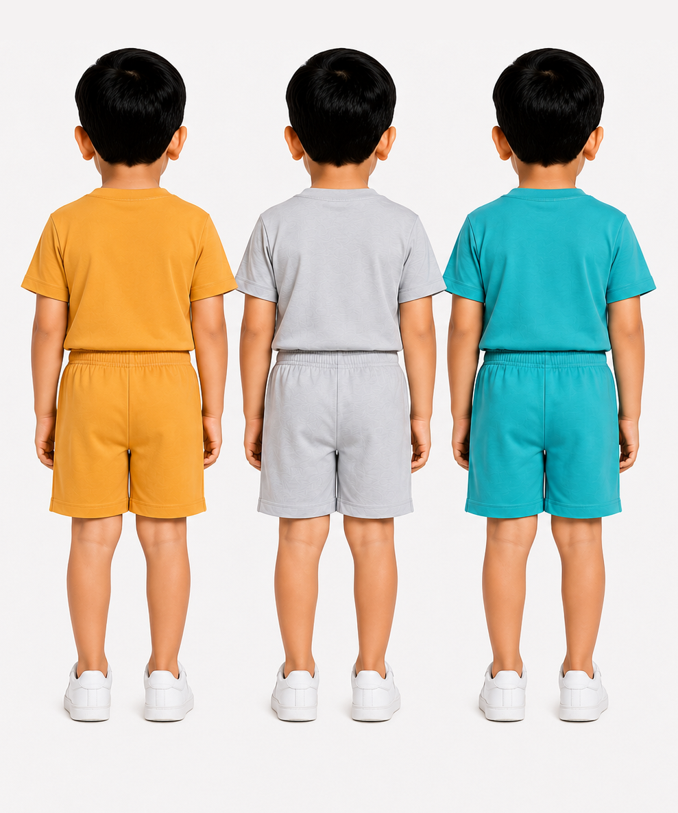Kids Typography Print T-Shirt & Shorts Co-Ord Set for Boys | Age 6 Months-3 Years | Pack Of 3 Set Combo