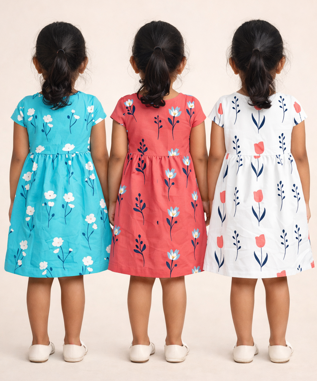 Girl Kids Frock 100% Cotton Floral Printed Gown Dress/Frock Dress | Age 1 to 8 Years (Pack of 3 Pieces)