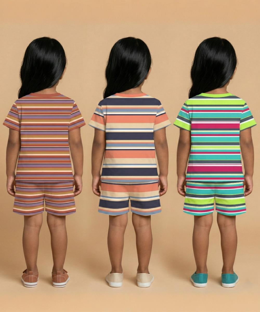 Girls Cotton Stripes Kids Co-ord Set Combo / Age 1-4 Years | T-shirt & Shorts (Combo Set Pack of 3)