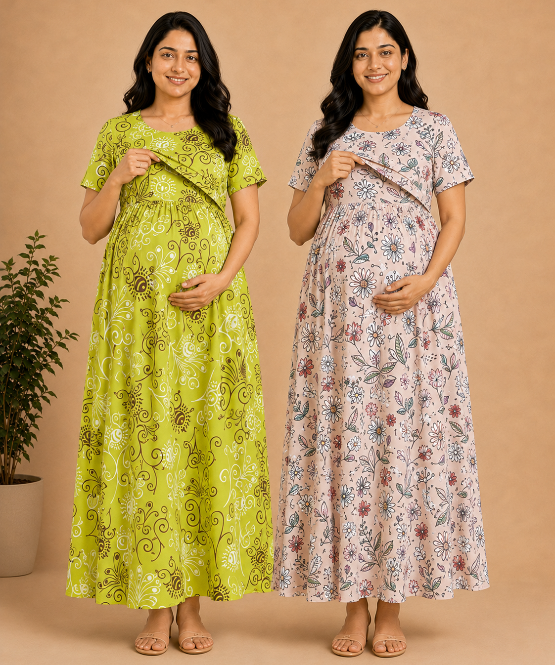 Maternity Feeding Maxi Dress | Nursing Friendly Nighty Style (Pack of 2 Pieces)