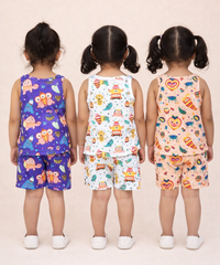 Girls Cotton Cartoon Printed Kids Sleeveless Set Combo | Age 0 to 3 Years | Sleeveless T-shirt & Shorts Co-ord Set (Pack of 3 Sets)