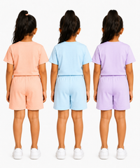 Kids Typography Print T-Shirt & Shorts Co-Ord Set for Girls | Age 6 Months-3 Years | Pack Of 3 Set Combo